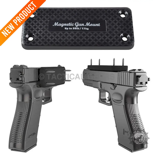 Magnetic gun mount with two pistols for tactical use, featuring a durable magnet system