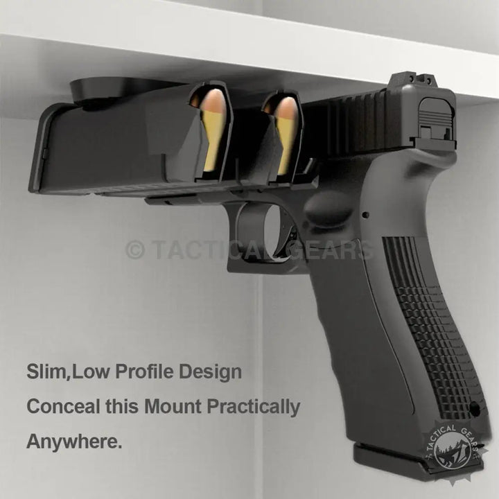 Black pistol with two magazines attached on Tactical Magnet Mount for concealed carry
