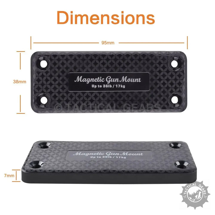 Black magnetic gun mount with four screw holes, holds up to 38 lbs, Tactical Magnet Mount