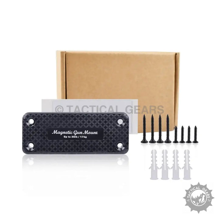 Black rectangular magnetic gun mount with screws and anchors, Tactical Magnet Mount for secure weapon storage