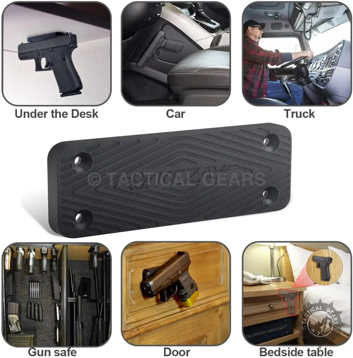 Magnetic gun mount for tactical gear featuring strong magnet attachment for secure hold