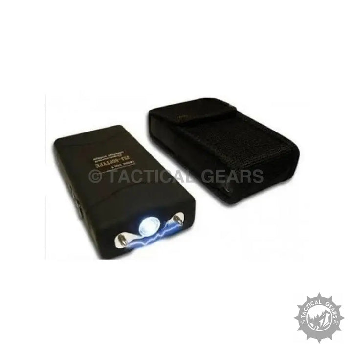 Black rectangular stun gun TW-800 with flashlight emitting electrical arc for self-defense