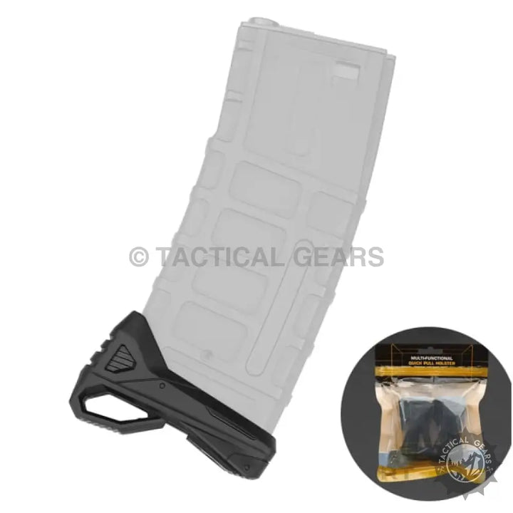 Black polymer magazine base plate with finger loop for quick pull holster attachment