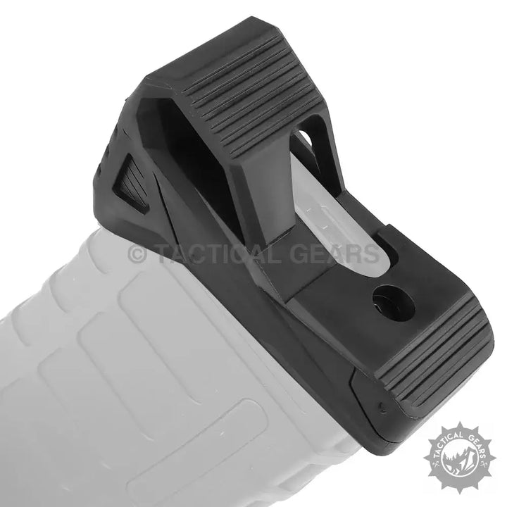 Black polymer M-LOK hand stop with textured grip for quick pull holster and high capacity use