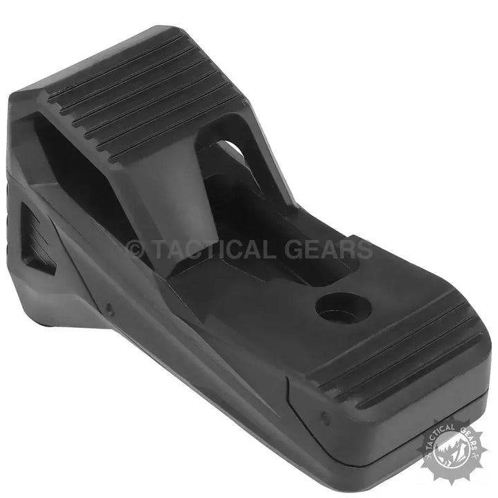 Black polymer angled foregrip with textured surfaces for quick pull holster and high capacity use