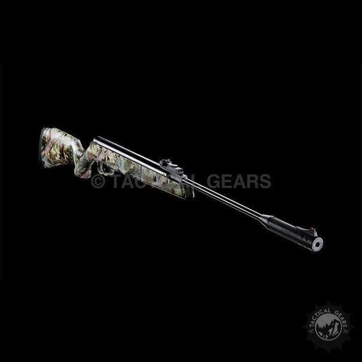 Camouflage-patterned Artemis SR1000S PCP Airgun with black barrel and red front sight for safety and force