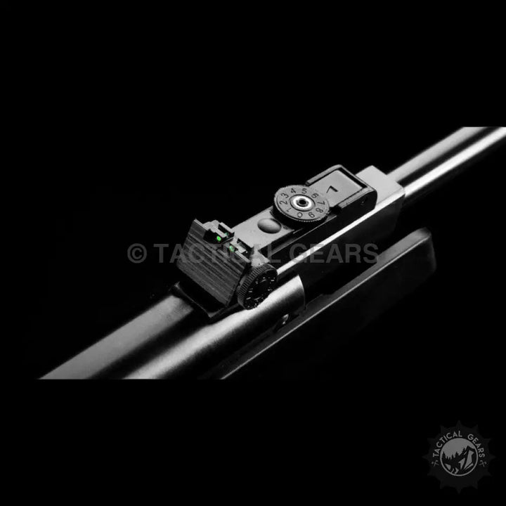 Close-up of Artemis SR1000S PCP Airgun rear sight and bolt mechanism showcasing safety and force