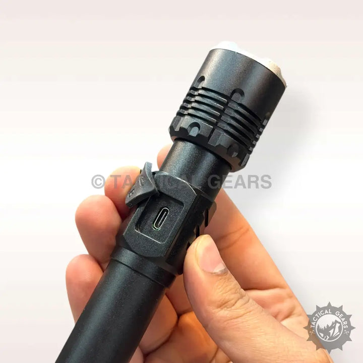 Black tactical flashlight with USB-C port and side switch for high power emergency use