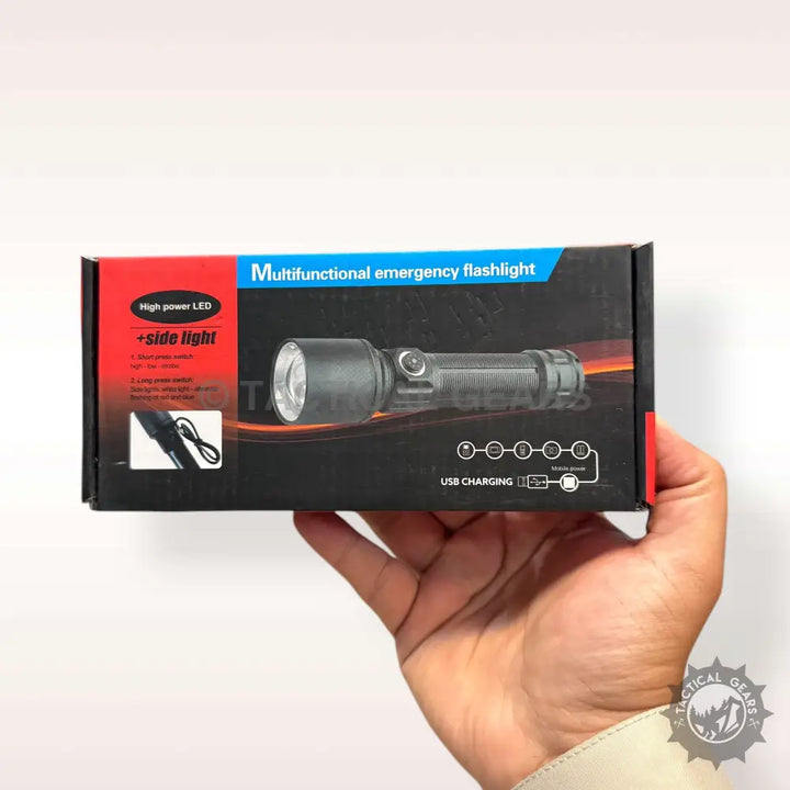 Black High Power Emergency Flashlight with LED, USB charging, and multiple modes