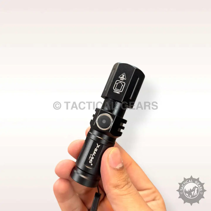 Black tactical flashlight with rotating head and magnetic base for high power mini lighting