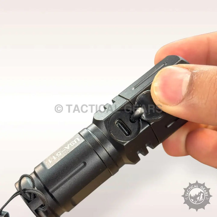 Black tactical flashlight with side switch and lanyard for high power mini zooming flashlight