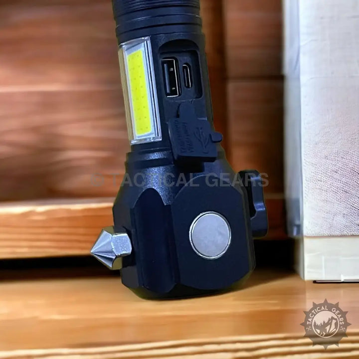 Black Multi-Functional LED Torch Light with COB Side Light USB Charging for Emergency Situations