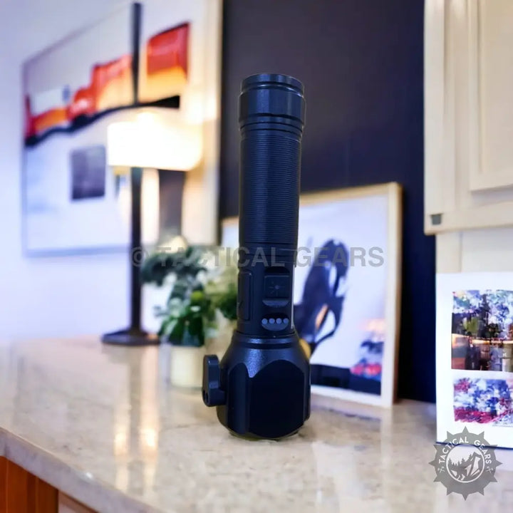 Black textured rechargeable LED Torch Light with side handle for emergency situations