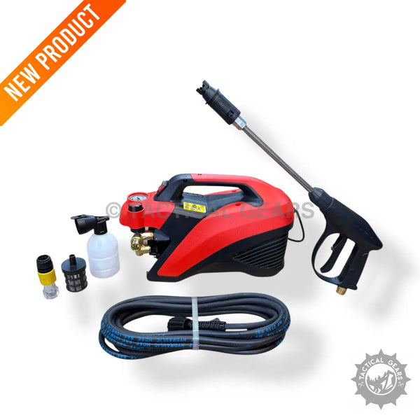 High power pressure washer with red and black design and accessories for cleaning