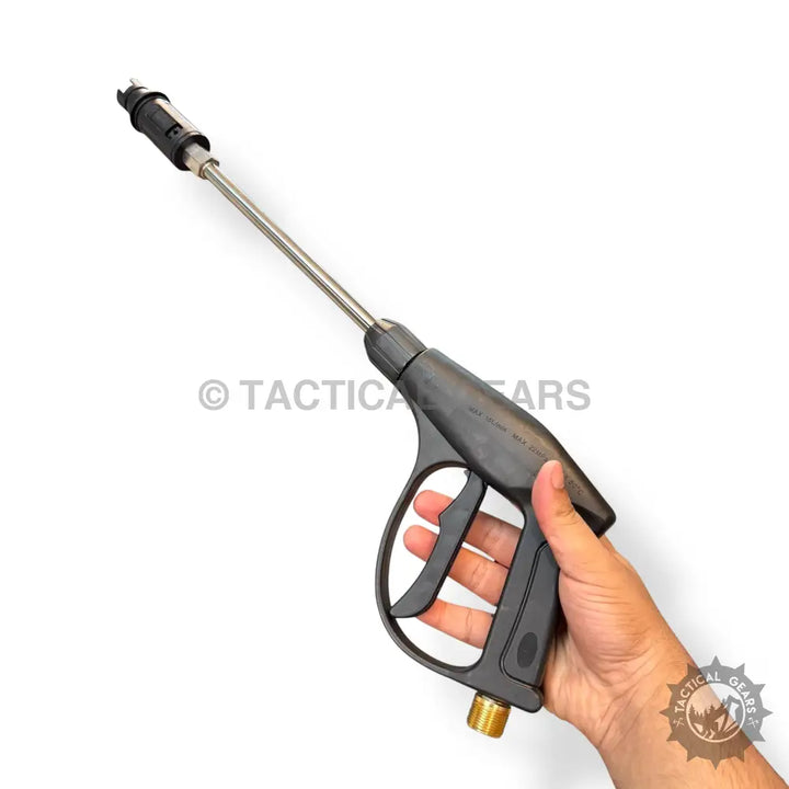 Black handheld pressure washer spray gun with long metal wand for high power pressure cleaning