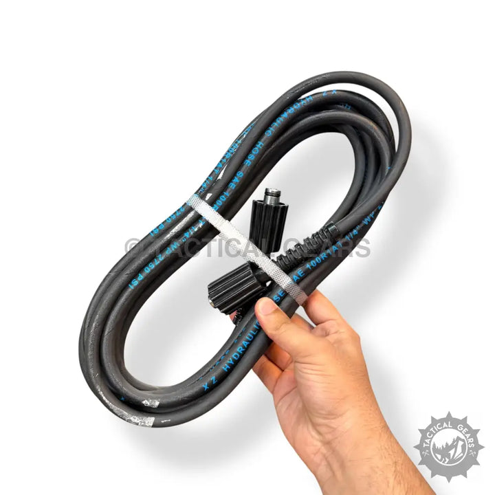 Coiled black hydraulic hose with quick-connect fittings for High Power Pressure Washer