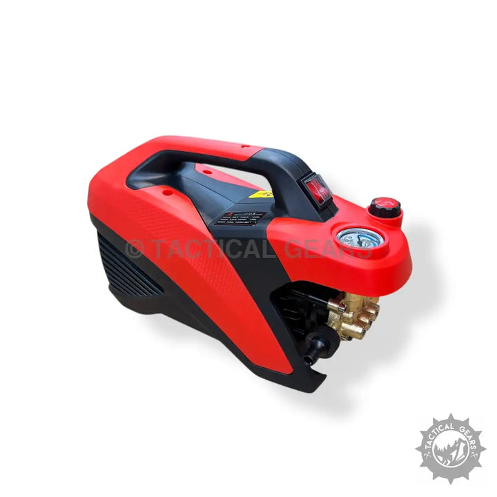 Red and black high power pressure washer with pressure gauge and brass fittings