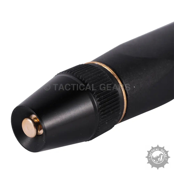 Black tactical pen with gold tip and textured grip for high pressure water hose pipe
