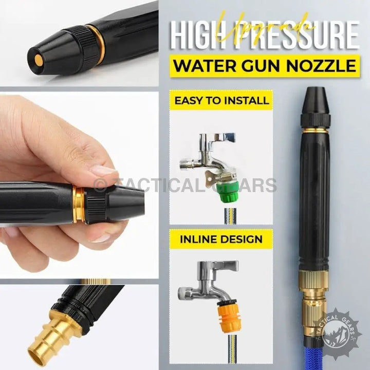 Black and gold high pressure water nozzle with hose pipe connections for pressure water cleaning