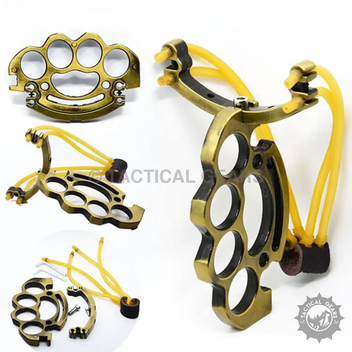 High quality brass knuckle slingshot with yellow rubber bands for tactical use
