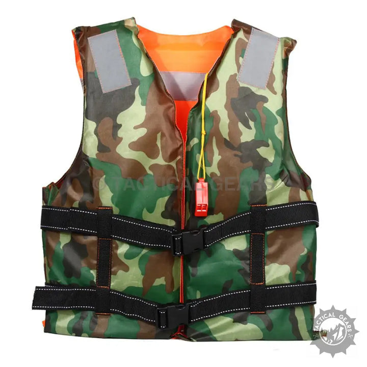 High quality camouflage life jacket with reflective patches, adjustable straps, and whistle
