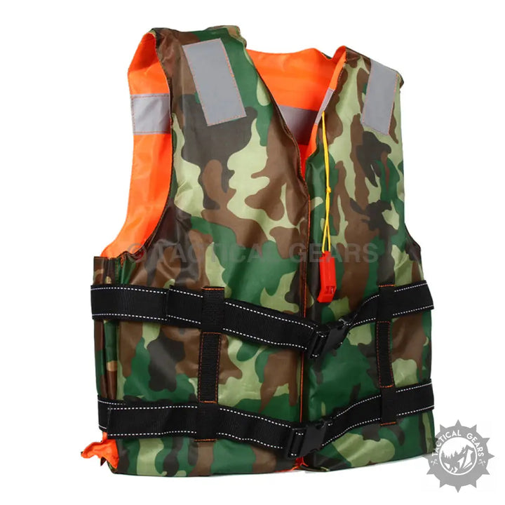 High quality camo-patterned life jacket with orange interior, reflective strips, and red whistle