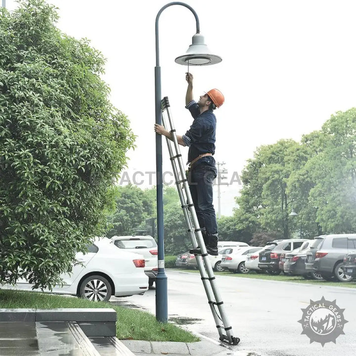 High quality Portable Aluminum Telescopic Ladder leaning against a Lamppost for versatile use