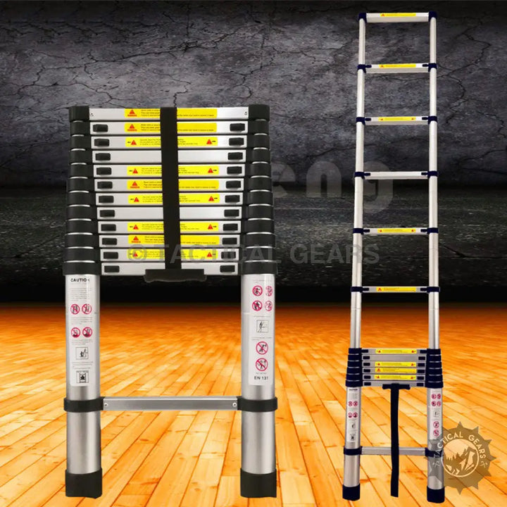 High quality Portable Aluminum Telescopic Ladder with one fully collapsed and one partially extended