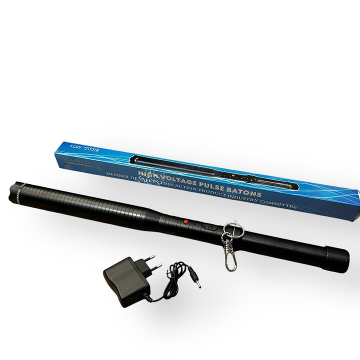 Black high-voltage pulse baton with charger and carabiner clip, imported lot