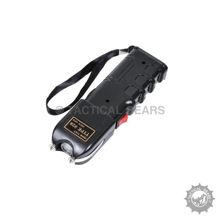 Black self-defense stun gun with wrist strap and flashlight for high voltage protection