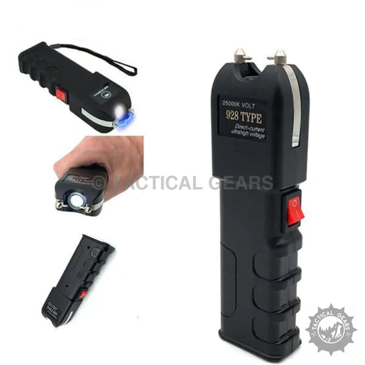 Black self-defense stun gun with integrated flashlight from SNATCH PROOF PAINFUL PROTECTOR featuring high voltage stun gun