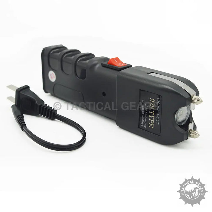 Black handheld stun gun with flashlight and charger from SNATCH PROOF PAINFUL PROTECTOR, high voltage stun gun
