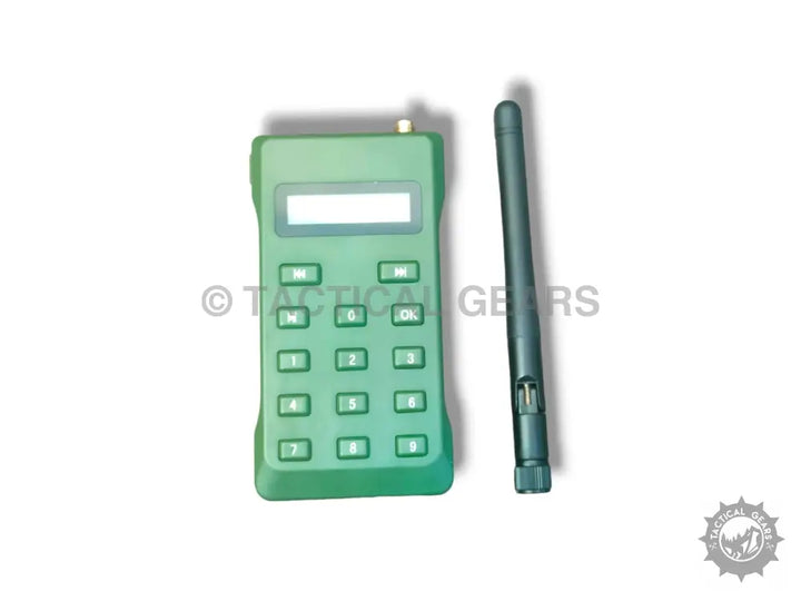 Green handheld bird caller with keypad and detachable antenna for hunting and bird watching