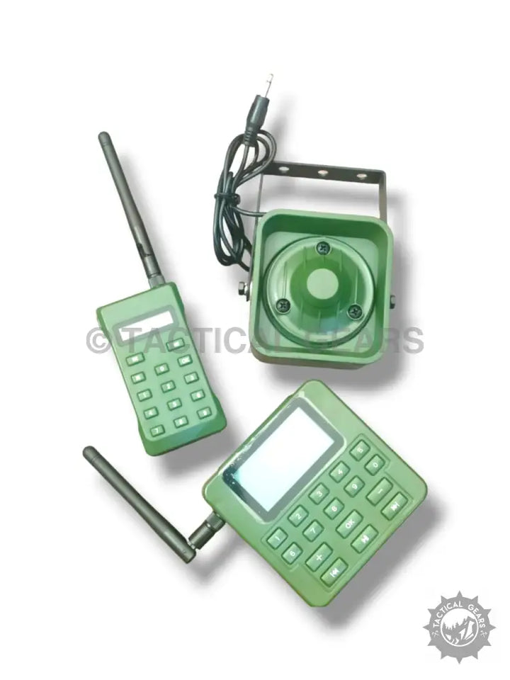 Green electronic bird caller device with remote control and speaker for hunting birds