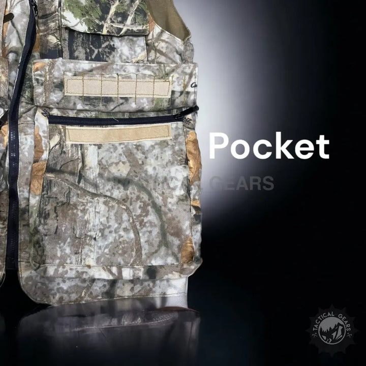 Hunting camouflage outdoor tactical vest with multiple pockets and zippers on camouflage outdoor jacket