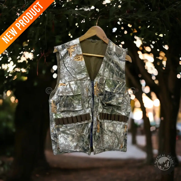 Hunting camouflage outdoor vest with multiple pockets and ammunition loops on camouflage outdoor jacket