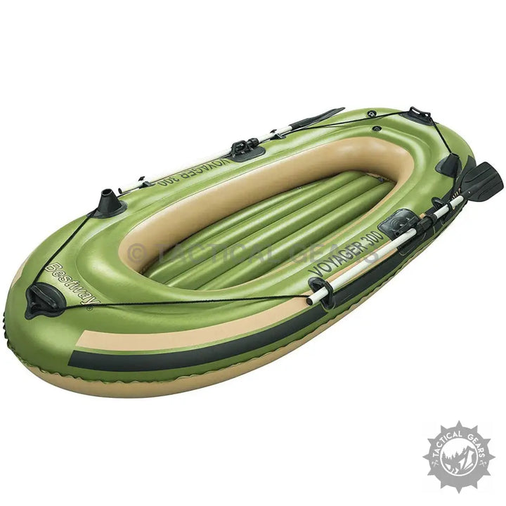 Olive green Hydro-Force Voyager inflatable boat with gear pouch, tan interior, and oars