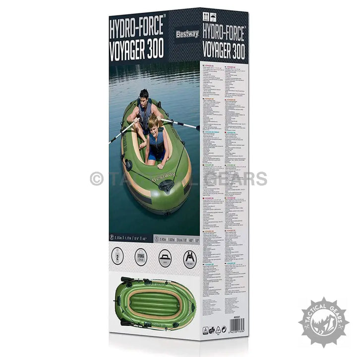 Packaged Hydro-Force Voyager inflatable boat with oars and gear pouch for boating fun