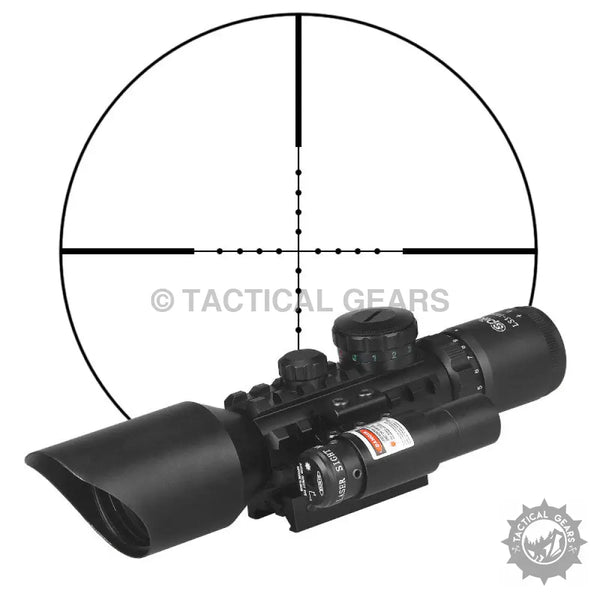 Black tactical rail mount rifle scope with laser sight and illuminated reticle