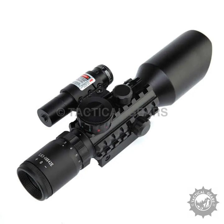 Black tactical rifle scope with laser sight and rail mount for precise reticle rifle aiming