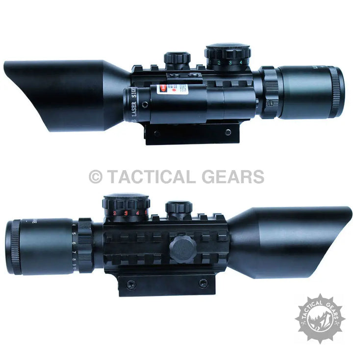 Reticle rifle scope with rail mount, laser sight, adjustable turrets, and flared lens