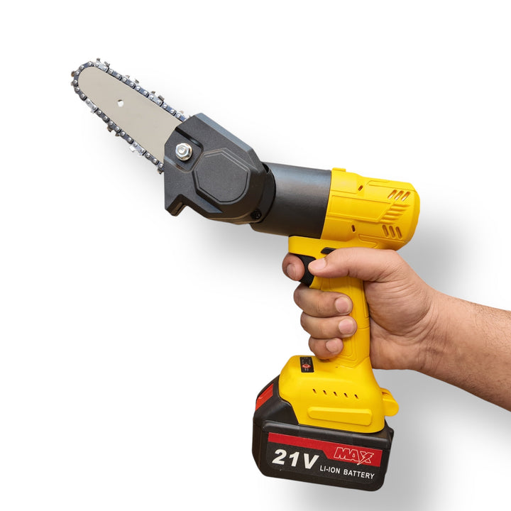 Imported 7-in-1 21V cordless tools set with mini chainsaw featuring yellow body and black battery