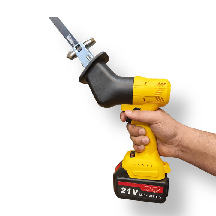 Imported 7-in-1 21V cordless tools set with yellow reciprocating saw and black battery