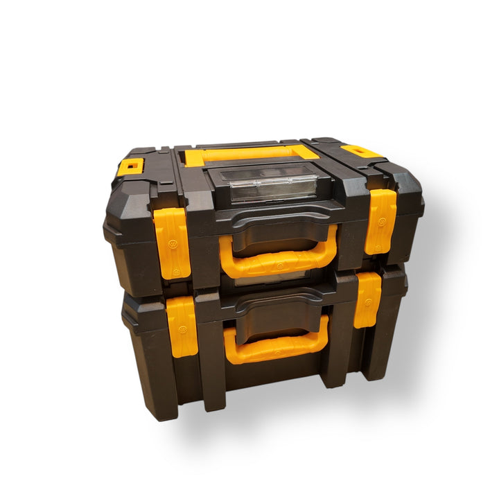 Imported 7-in-1 21v tools set with black and yellow interlocking modular toolboxes