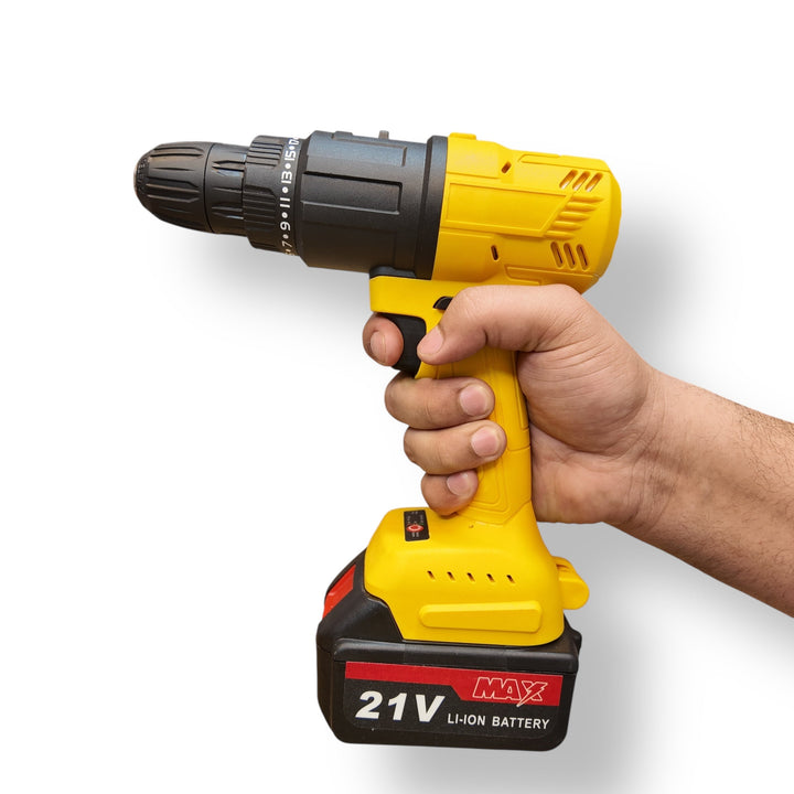 Yellow and black cordless drill with 21V Li-ion battery from imported 7-in-1 tools set