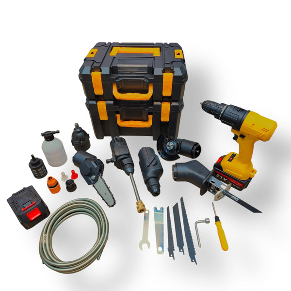 Yellow and black imported 7-in-1 21v cordless tools set for versatile DIY projects