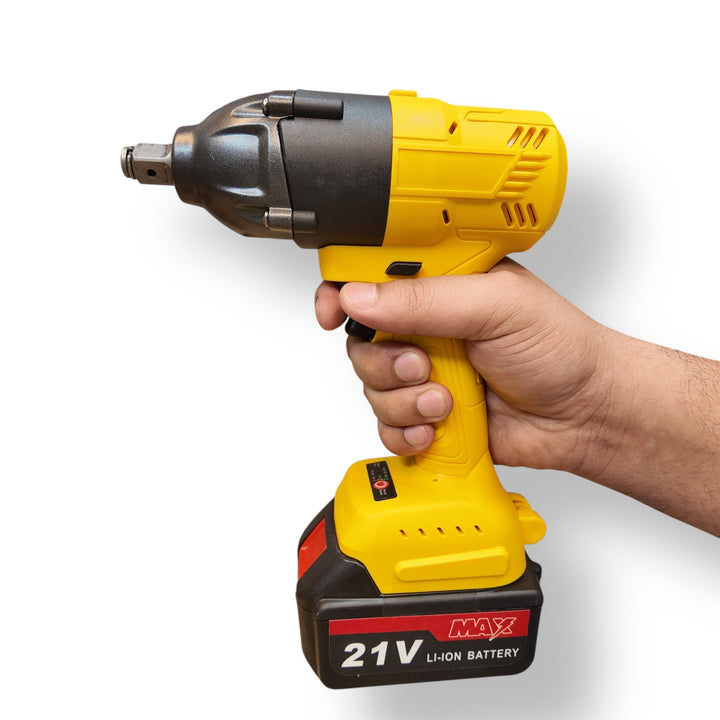 Yellow and black cordless impact wrench with 21V Li-ion battery from Imported 7-in-1 Tools Set