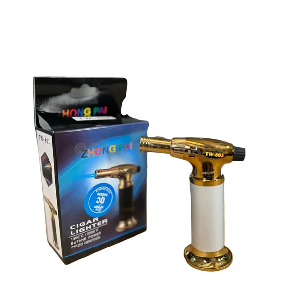 Gold and white butane cigar lighter with black nozzle, imported cigar lighter for premium cigars