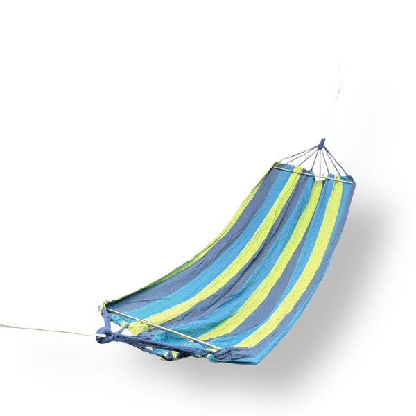 Blue and green striped fabric hammock from imported hammock collection for ultimate relaxation