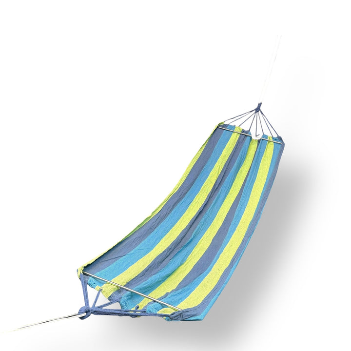 Imported hammock with green striped fabric and blue frame for relaxing outdoor comfort